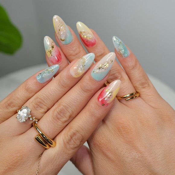 tipsy Handmade Press On NailsAlmond MediumAbstract ArtGolden Hour Glow